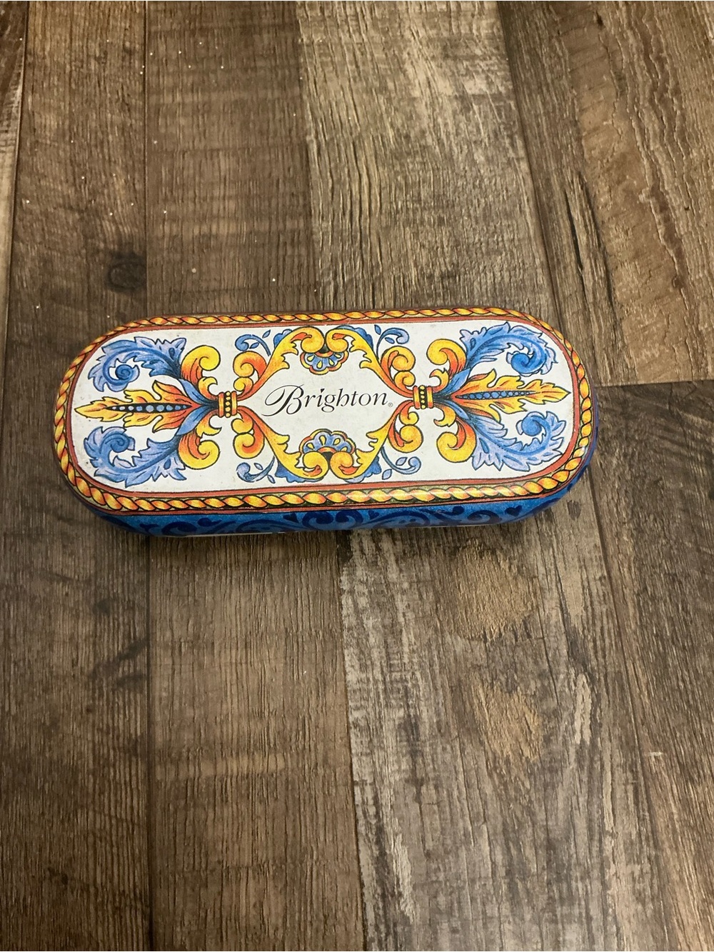 Brighton Tin Metal Eyeglass Storage Case Vibrant Blue Yellow White Floral Print